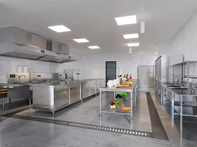 Industrial Style Commercial Kitchen With Stainless Steel Equipment Metal Countertops And Ventilation System 3d model