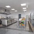 Industrial Style Commercial Kitchen With Stainless Steel Equipment Metal Countertops And Ventilation System