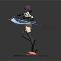 3D Anime Character Model With Purple Hair Black Outfit And Blue Glowing Weapon On Base