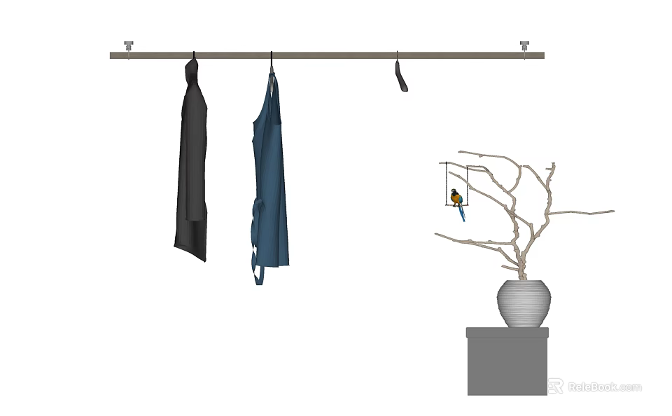 Clothes Hanger with Dark and Blue Garments Beside White Vase with Branches and Bird 3d model 