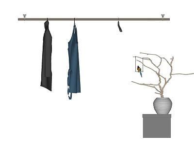 Clothes Hanger with Dark and Blue Garments Beside White Vase with Branches and Bird 3d model