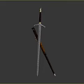Medieval Sword With Brown Scabbard Gold Decorated Hilt And Silver Blade Against Gray Background