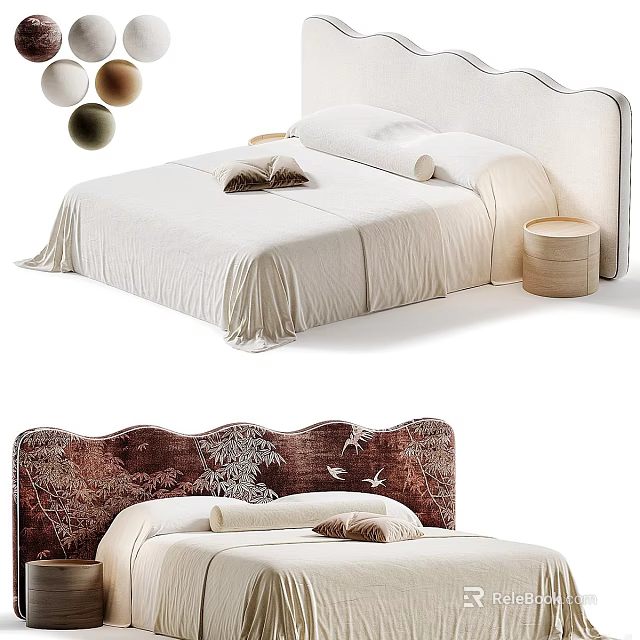 Modern Double Bed With Upholstered Headboard And Decorative Pattern Design 3d model 