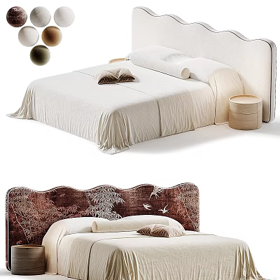 Modern Double Bed With Upholstered Headboard And Decorative Pattern Design 3d model