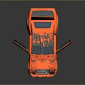 Orange Classic Car With Open Doors Hood And Visible Engine Interior 3d model