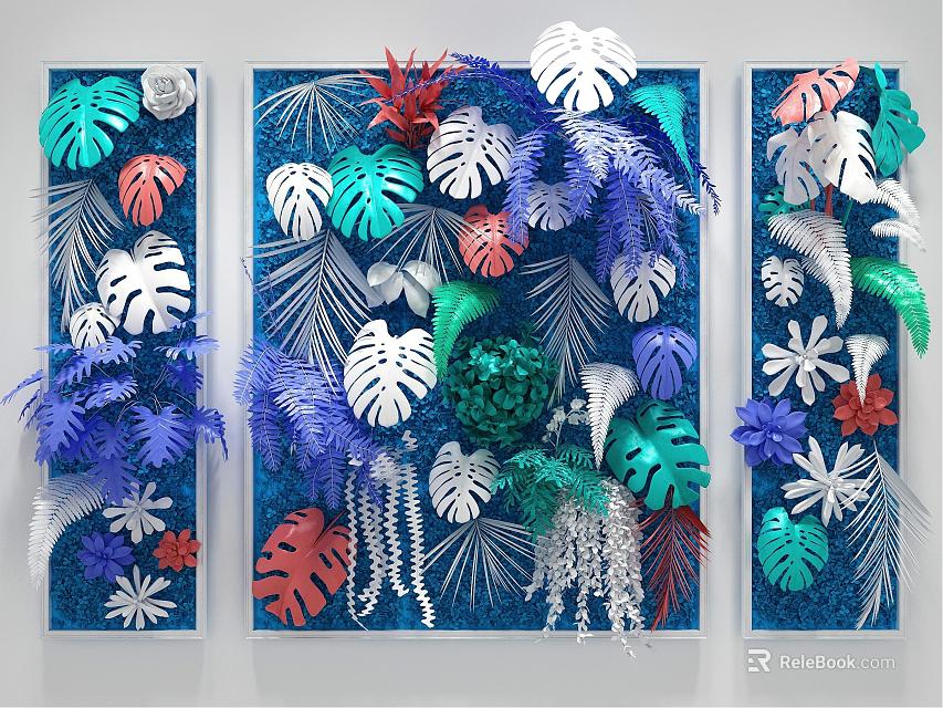 Colorful Botanical Feature Wall With 3D Monstera Palm Fern Leaves And Decorative Foliage 3d model 