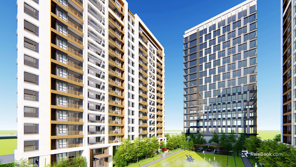 Tall Modern Buildings With Green Lawn And People Activities Under Blue Sky 3d model 
