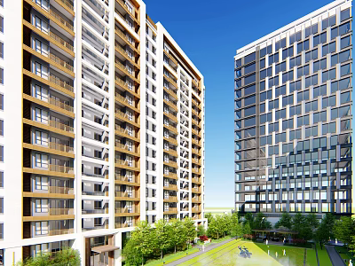 Tall Modern Buildings With Green Lawn And People Activities Under Blue Sky 3d model