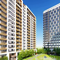 Tall Modern Buildings With Green Lawn And People Activities Under Blue Sky