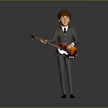 3D Brown Haired Male Game Movie Character in Gray Suit Holding Red Brown Electric Guitar