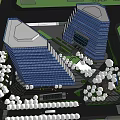 Two Modern Tall Office Buildings With Glass Curtain Walls And Green Surroundings