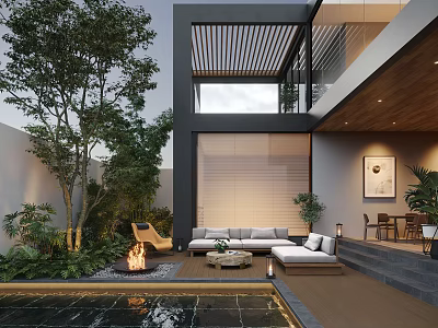 Modern Garden Landscape Design With Swimming Pool Outdoor Sofa Fire Pit And Green Plants 3d model