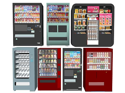 Different Types Of Vending Machines With Snacks Drinks And Various Colors 3d model