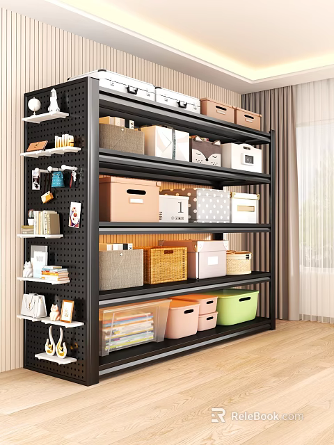 Multi Tier Storage Shelves With Colorful Bins And Woven Baskets For Home Organization 3d model 