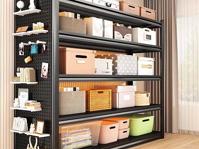 Multi Tier Storage Shelves With Colorful Bins And Woven Baskets For Home Organization 3d model