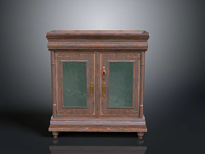 Traditional Wooden Cabinet With Glass Doors Carved Details And Metal Handles 3d model