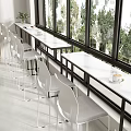 Elegant Bar Counter With Long Wooden Countertop White Chairs And Green Trees Outside Window