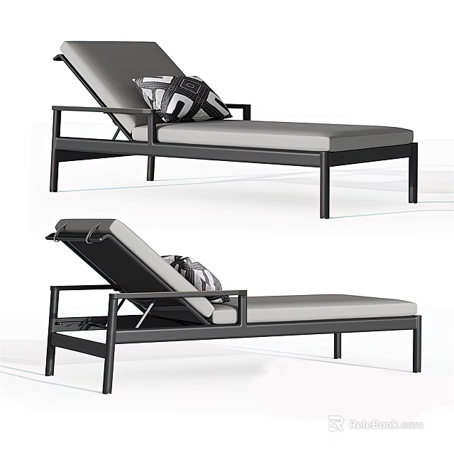 Modern Chaise Lounge With Black Metal Frame Light Gray Cushion And Geometric Patterned Pillow 3d model 