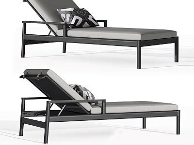 Modern Chaise Lounge With Black Metal Frame Light Gray Cushion And Geometric Patterned Pillow 3d model