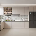 Modern Kitchen Interior With White Cabinets Black Refrigerator Tile Backsplash And Window 3d model