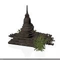 Modern Interior Scene With Ancient Stone Tower Model And Green Plants