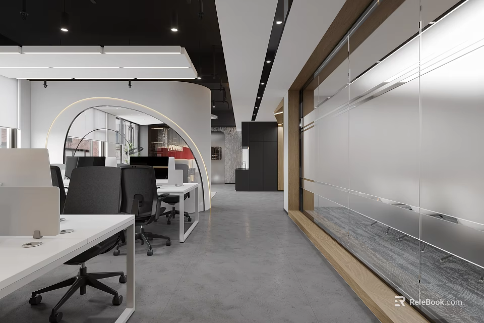 Modern Office Interior With Open Workstations Black Chairs Glass Partitions Gray Flooring And Curved Design 3d model 