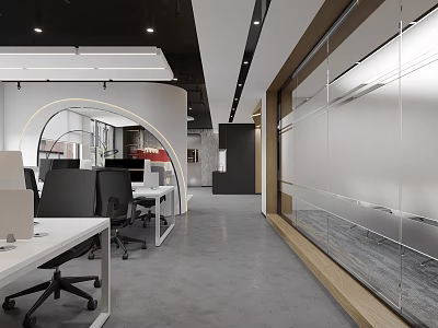 Modern Office Interior With Open Workstations Black Chairs Glass Partitions Gray Flooring And Curved Design 3d model