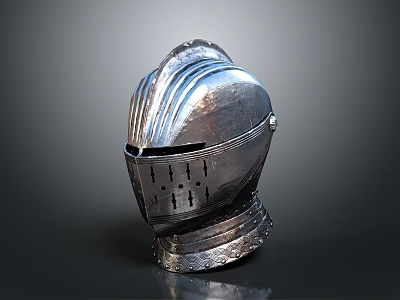 Medieval Knight Helmet With Silver Metal Surface And Intricate Visor Design 3d model