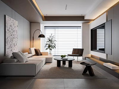 Modern Living Room Featuring Light Sofa Round Coffee Table Abstract Painting Floor Lamp Green Plant 3d model
