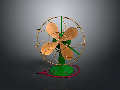 Vintage Computer Cooling Fan With Green Base Gold Metal Frame Wooden Blades And Red Wire 3d model