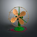 Vintage Computer Cooling Fan With Green Base Gold Metal Frame Wooden Blades And Red Wire
