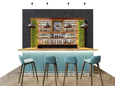 Stylish Bar Counter With Blue Stools Wine Bottles Green Plants And Clock 3d model