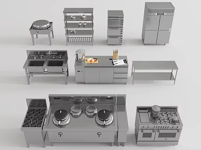 Professional Stainless Steel Kitchen Utensils With Stove Sink Cabinets And Shelves 3d model