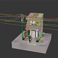 Two Story Residential Building With Red Awning Front Entrance People Figures And Overhead Wires