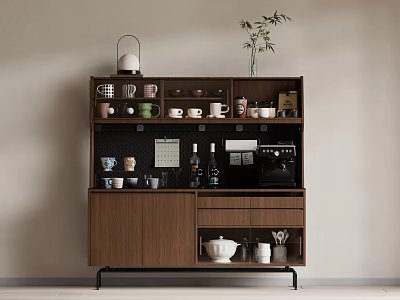 Modern Wooden Sideboard With Shelves Mugs Coffee Machine Tableware And Green Plant 3d model