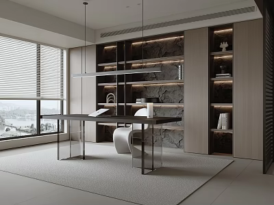 Modern Study Room Interior With Built In Bookshelves Black Desk White Chair And Pendant Light 3d model