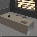 Modern Bar Counter with Beige Stone Countertop Vase Decoration Two Chairs Black Cabinets Arched Shelf