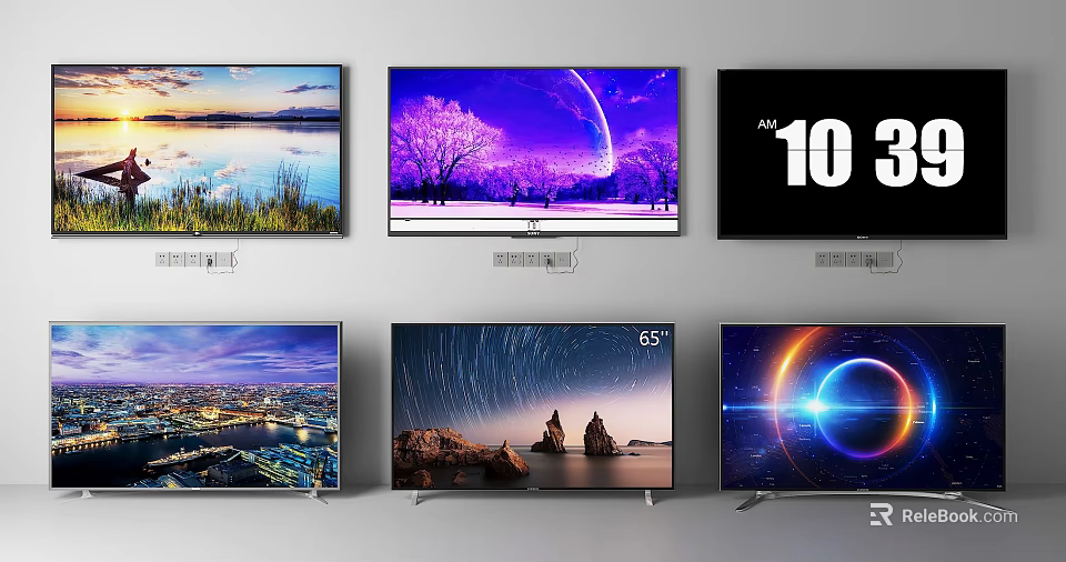 Multiple Televisions Display Scenic Starry Sky Cityscape Abstract Images With 65 And 103 Inch Screens 3d model 