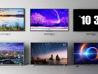 Multiple Televisions Display Scenic Starry Sky Cityscape Abstract Images With 65 And 103 Inch Screens 3d model