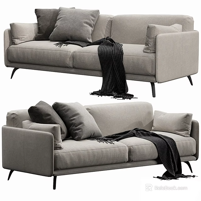 Modern Light Gray Fabric Two Seater Sofa With Soft Pillows And Blanket 3d model 
