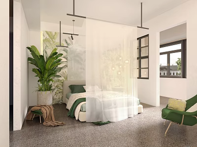Shopping Mall Store Bedroom Furniture Display With Green Plants White Curtains And Cozy Modern Design 3d model