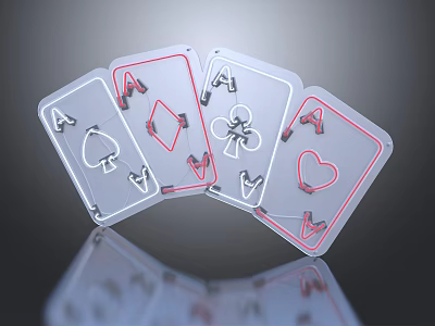 Decorative Neon Lights on Ace Poker Cards with Red Edges and White Glowing Suits 3d model