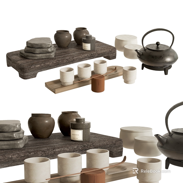 Traditional Ceramic Tea Set with Wooden Serving Tray White Cups and Brown Teapot 3d model 