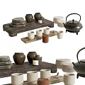 Traditional Ceramic Tea Set with Wooden Serving Tray White Cups and Brown Teapot