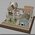 Traditional European Architectural Model With Terracotta Roofs Small Plaza Outdoor Seating And Vintage Car