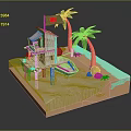 Stilt Wooden House Structure on Small Island with Palm Trees Blue Water and Flag