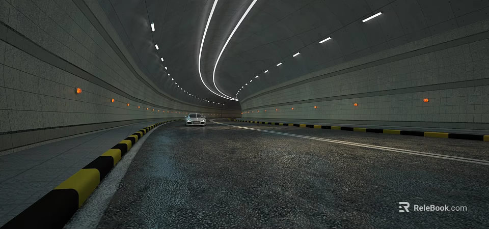Car Driving In Well Lit Road Tunnel With Asphalt Pavement And Yellow Black Curbstones 3d model 