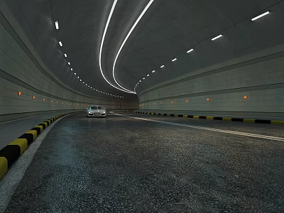 Car Driving In Well Lit Road Tunnel With Asphalt Pavement And Yellow Black Curbstones 3d model