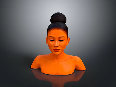 Woman Bust With Black Bun Hairstyle Orange Skin Tone Against Dark Background Showing Reflection 3d model
