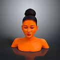 Woman Bust With Black Bun Hairstyle Orange Skin Tone Against Dark Background Showing Reflection